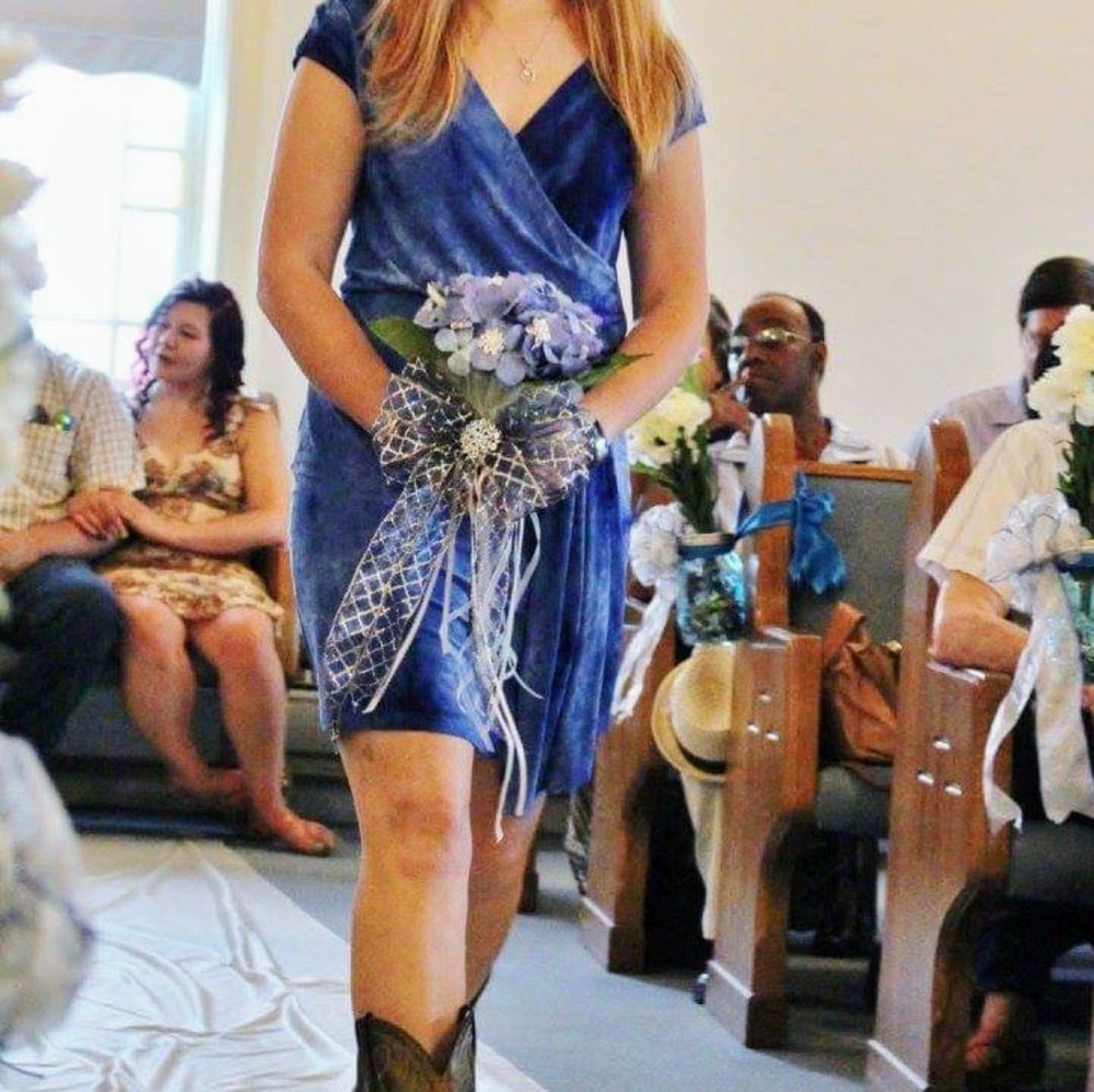 Gradient blue faux wrap bridesmaids dress